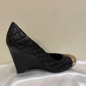 Tory Burch Black Quilted Leather Katlin Cap Toe Wedge Double “T” Logo